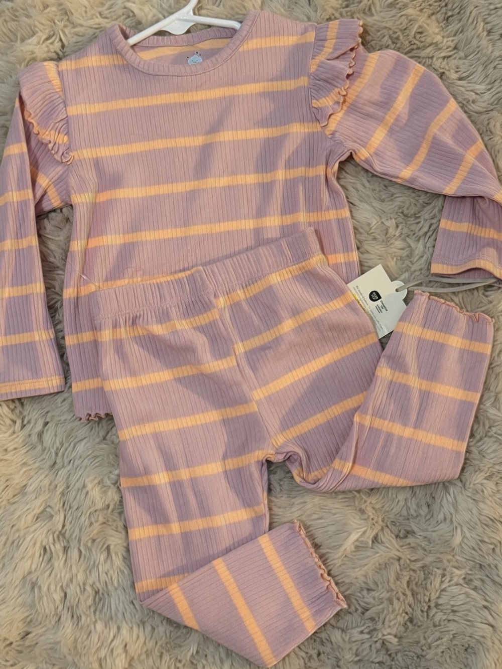 NWT Toddler Ruffle Ribbed Stripe 2 piece Set Purple Yellow Loungewear